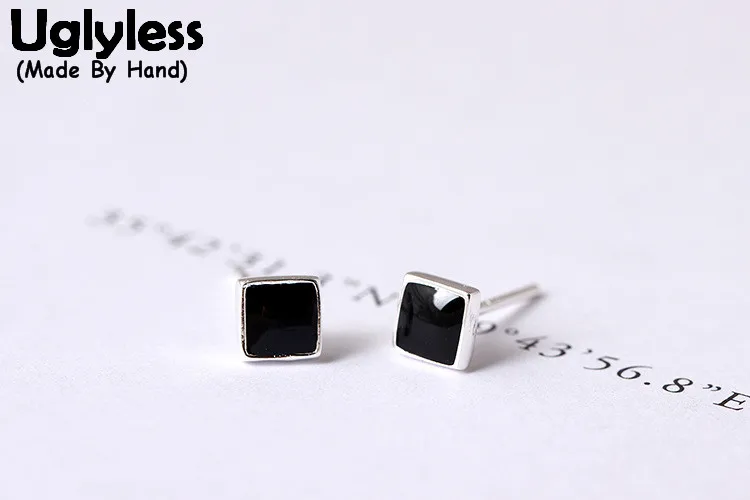 

Uglyless Real 925 Sterling Silver Retro Enamel Black Stud Earrings Geometric Studs Handmade Square Brincos Triangle Round Bijoux