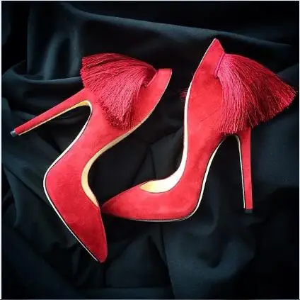 Elegant fashion style  durable quality pumps shallow pointed toe high heels red sexy women shoes fringe decoration party shoes