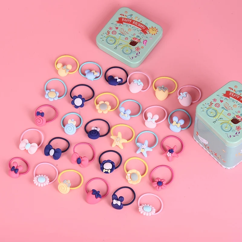 EASYA 30PCS/Box Cute Elastic Hair Rope Colorful Flower Starfish Lollipops Fruit Hair Rings Hairwear Accessories For Children