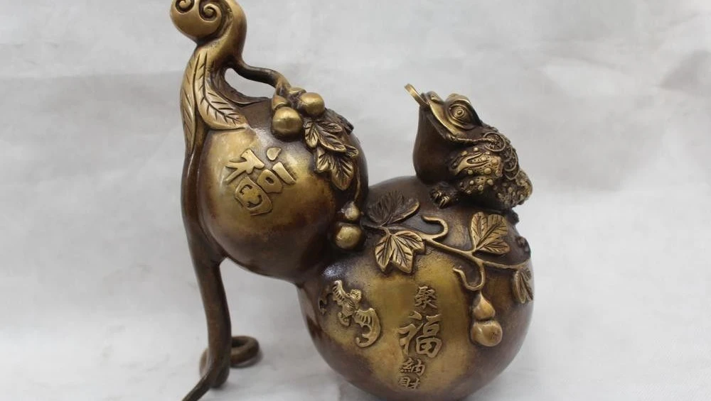 9&quotChinese Folk Fengshui Purple Bronze Lucky Money bufonid cucurbit Statue | Дом и сад