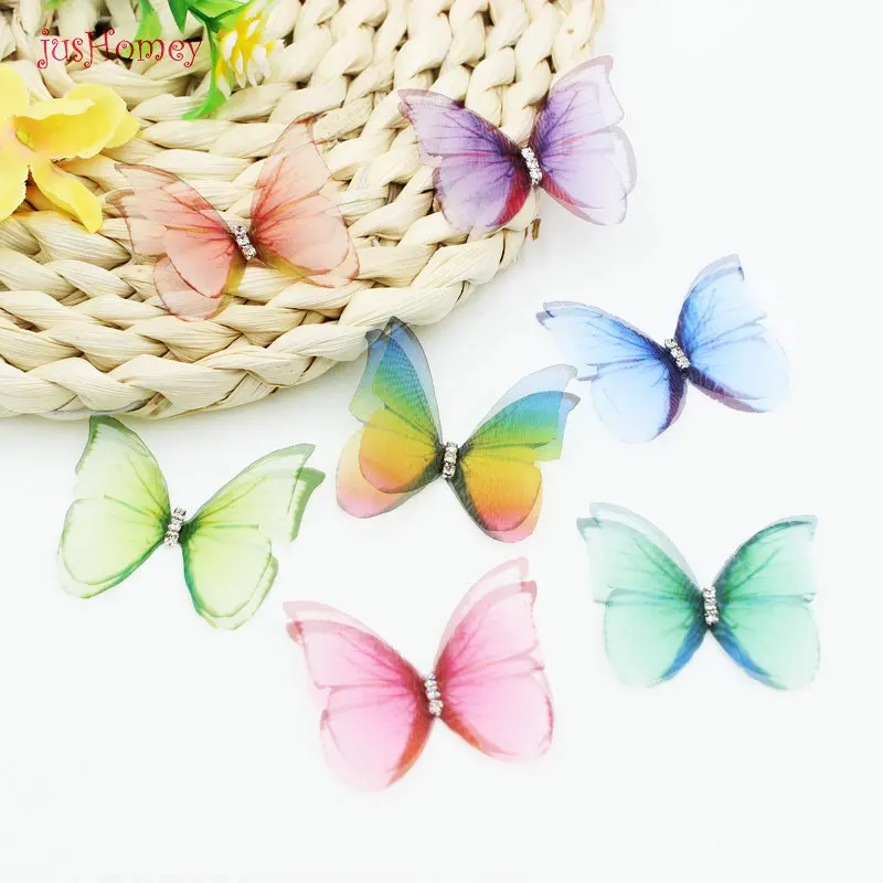 

56PCS Gradient Color Organza Fabric Butterfly Appliques 48mm Translucent Chiffon Butterfly for Party Decor, Doll Embellishment