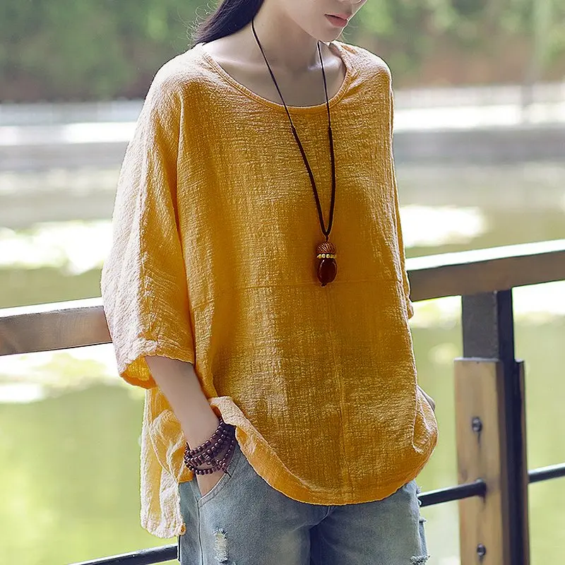 Acheter 2018 ZANZEA Femmes Printemps Col Rond 3 4 Manches Pull Vintage Coton Lin Baggy Blouse Lâche Solide Chemise Top Blusas Plus taille