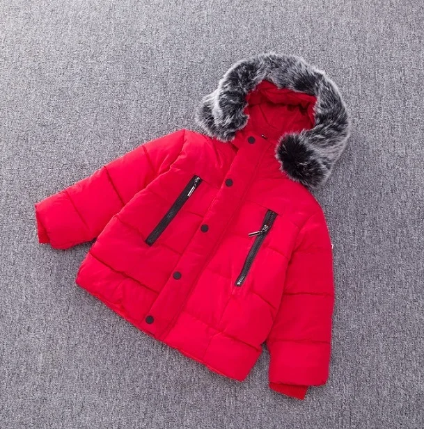 Новая зимняя одежда Детский Теплый пуховик с хлопковой подкладкой для мальчиков пальто с меховым воротником и капюшоном для маленьких мальчиков и девочек - Цвет: LK25 red
