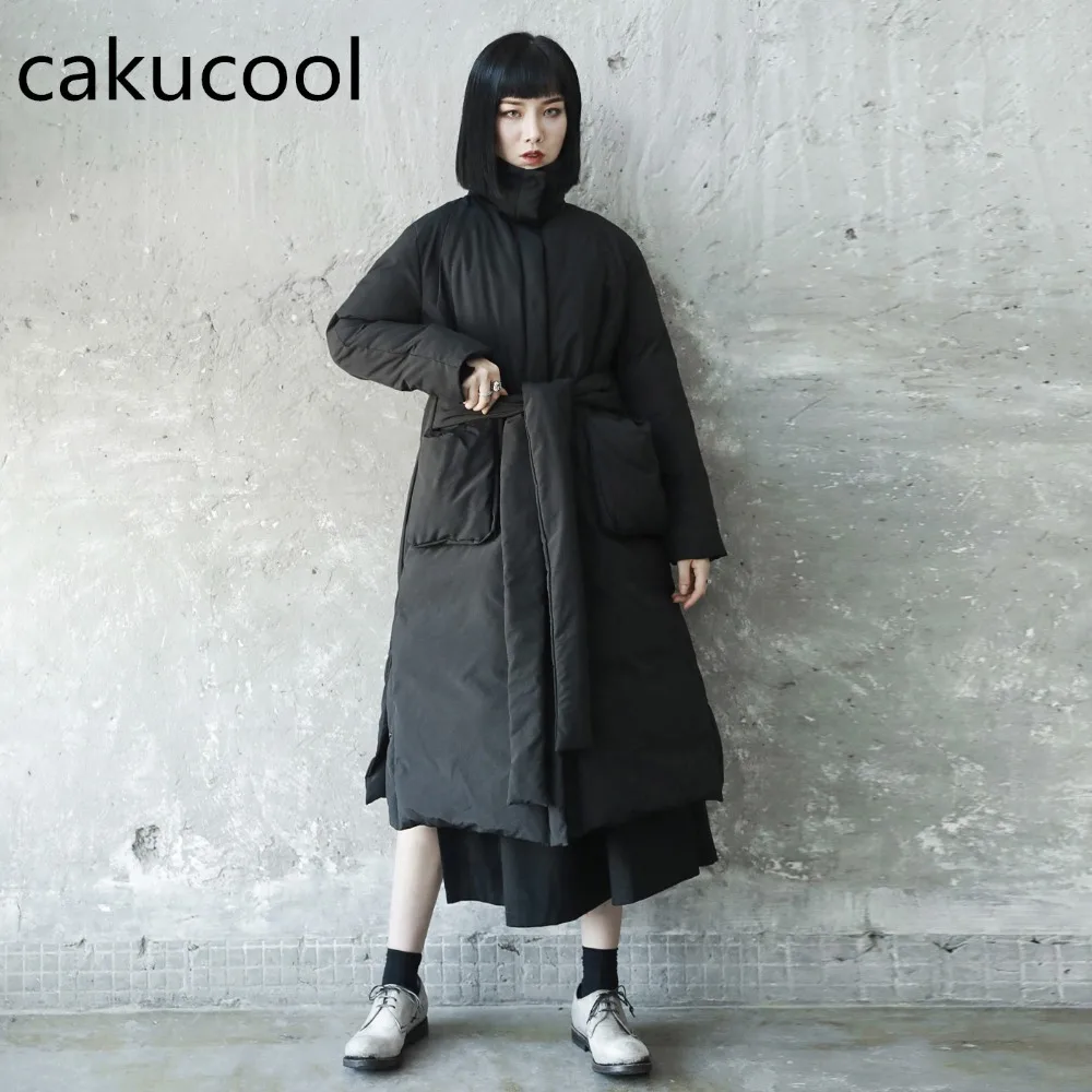 

Cakucool New Fashion Winter Women Wide Frenulum Parka Thicken long Loose Casual Cloak Streetwear Punk Overcoat Cotton Coat