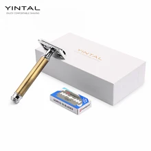 Мужская бритвенная сменные лезвия для коньков yinтal, бронзовая, с латунной ручкой, двухсторонняя безопасная бритва, 1 Бритва, 10 лезвий, 1 коробка