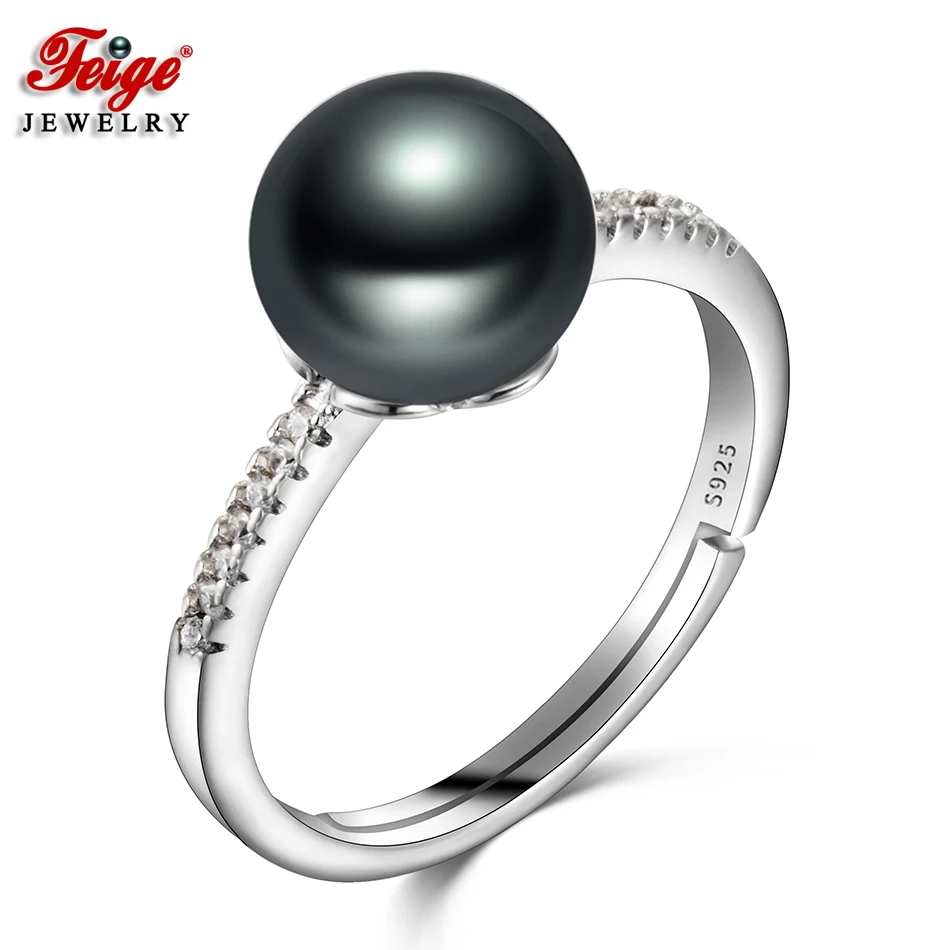 

Vintage Real 925 Sterling Silver Rings for Female Party Jewelry Gifts 9-10MM Black Freshwater Pearl Rings Fine Jewelry FEIGE