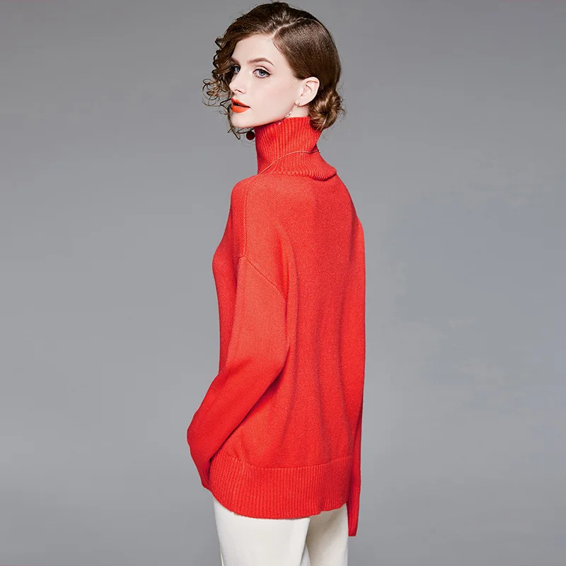 Solid elastic knit turtleneck loose sweater 2018 new long sleeve women autumn pullovers sweater