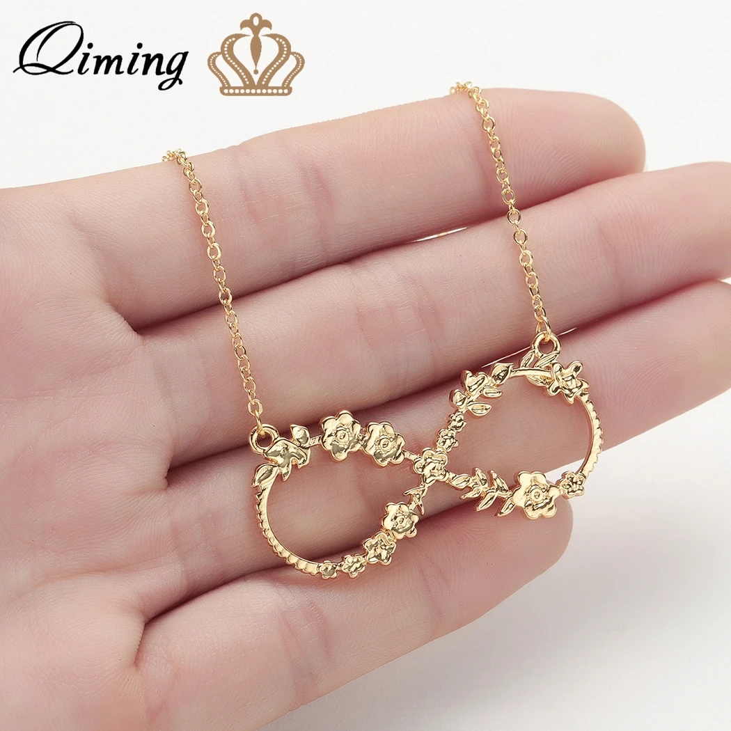 

QIMING Rose Flower Infinity Necklace Women Stainless Steel Jewelry Wedding Chic Lucky Number Eight Men Statement Jewelry Gift