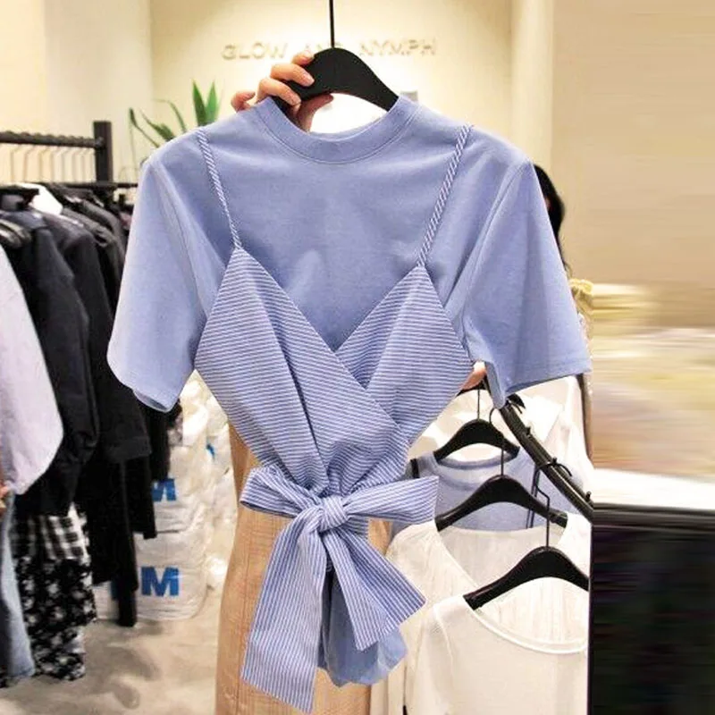 Neploe новые корейские женские комплекты Полосатая майка с галстуком-бабочкой+ футболка с коротким рукавом и О-образным вырезом летние женские комплекты из двух предметов 52871 - Цвет: Синий