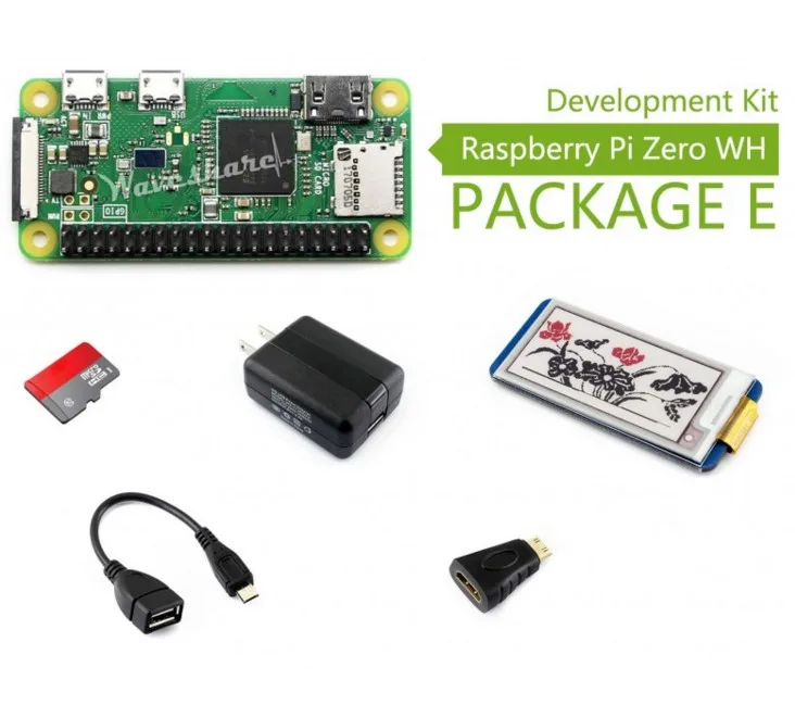 Raspberry Pi Zero WH пакет E, с 2,13 дюймов e-paper HAT Micro SD карта, адаптер питания, 2,13 дюймов e-paper шляпа, и основные компоненты