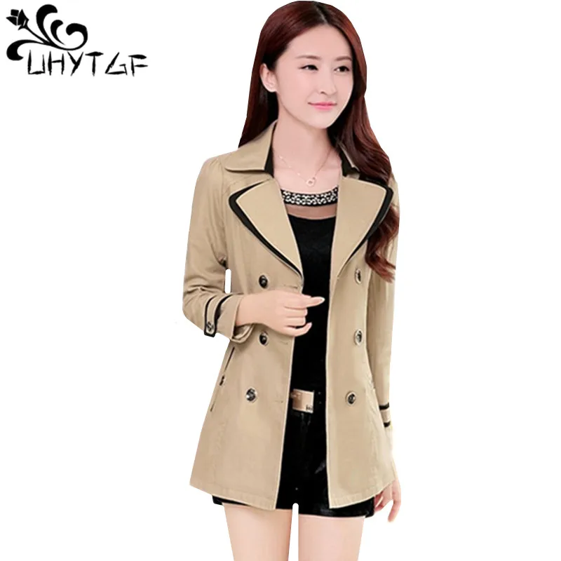 

UHYTGF M-3XL Casual Short Jacket Women Fashion Thin Spring Autumn Windbreaker Coat Belt Double Breasted Slim Female Jacket 1152