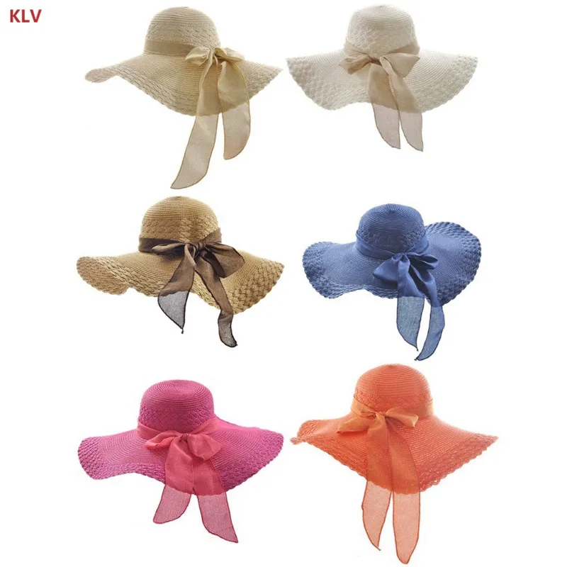 KLV/Для женщин складной бантом широкими полями соломенная шляпа от солнца летние пляжные Кепки Sunbonnet