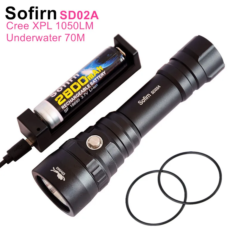 Sofirn SD02A комплект подводное плавание Мощный светодиодный вспышка светильник 18650 фонарь светильник Cree XP-L V6 светодиодный вспышка светильник 3 режима светодиодный налобный фонарь лампа светильник