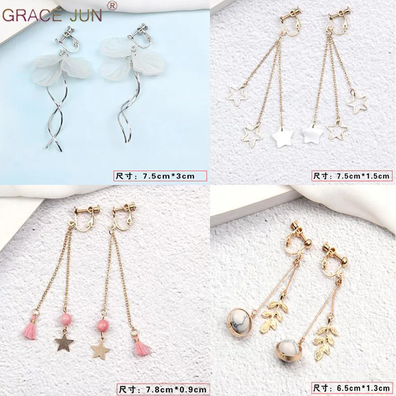 

GRACE JUN Long Tassel Rhinestone Shell Stone Material Clip on Earrings No Pierced for Women Heart Flower Star Geometric Ear Clip