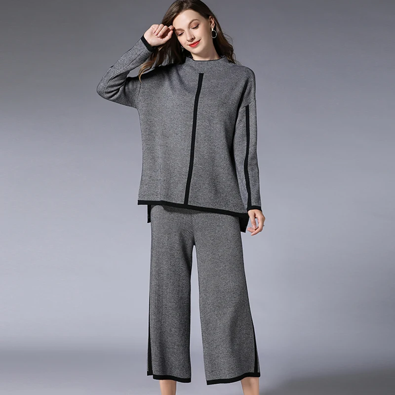 ^Cheap Women's Casual Sets 2019 Spring Knitted Women Sweater Tops and Pants Set Two Piece Sets Fashion Brand Grey Knitted 2 Piece Set