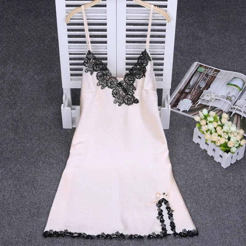 Lace Nightgown Female Sexy Woman Night Sleepwear Plus Size Sling Nightdress Summer Satin Night Gowns Ladies V-neck Nightwear 49 (2)