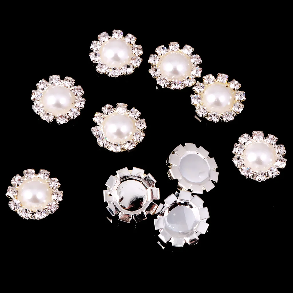 10x Diamante Flower Crystal Pearl Flatback Buttons Sewing Embellishment 13mm