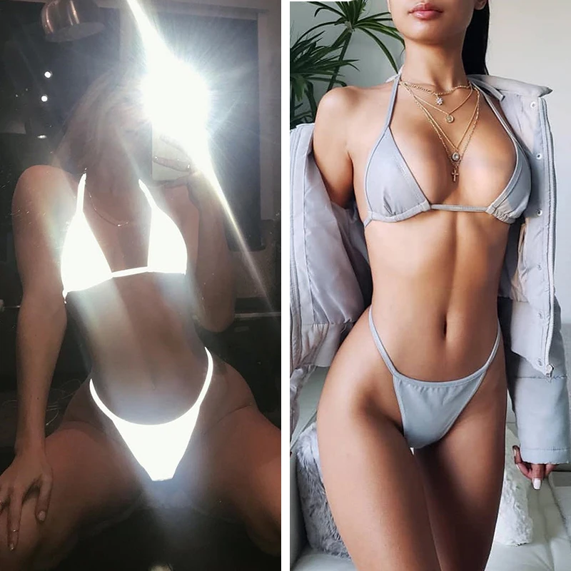 

Reflective bikini Bandage underwear Hollow Out Split Bikini Female Push-Up Swimwear Swimsuit Bathing Beachwear Lingerie Bra Set