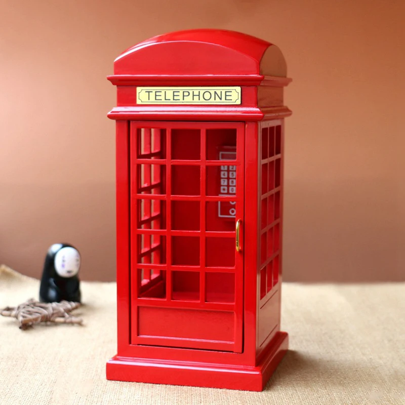 

London Street Simulation Phone Booth Boxes Wooden Music Box Wood Crafts Retro Birthday Gift Vintage Home Decoration Accessories