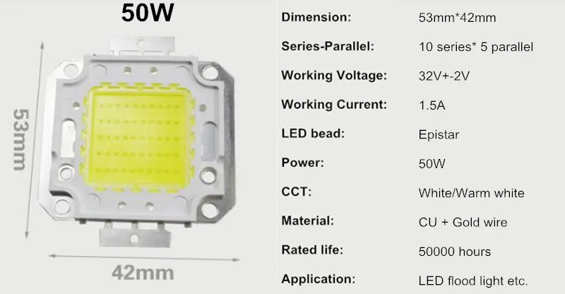50000 часов срок службы удара светодиодный чипов 32 В 1500MA 50 Вт УДАРА СВЕТОДИОДНЫЙ чипы для Светодиодный прожектор светодиодный пятно света