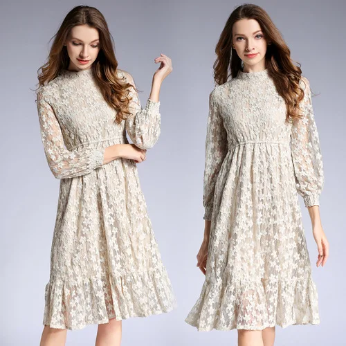 2018 Autumn New Long Long Sleeve Long Temperament Lady Lantern Sleeves Ruffled Lace Dress Dresses