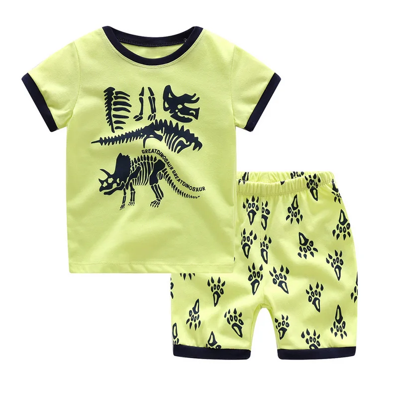 

2017 Yellow Summer Cute Baby Little Boys Dinosaur Print Short Sleepwear Pajamas T-Shirt + Pants Cotton Sets YH-17