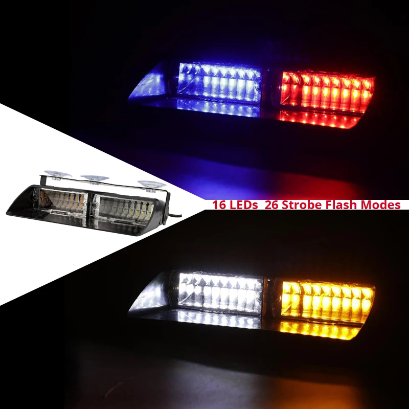 

Oslamp Car LED Strobe Warning Light Red+Blue Amber+White 26 Flash Modes Auto Emergency Strobe Lamp with Cigarette lighter Socket