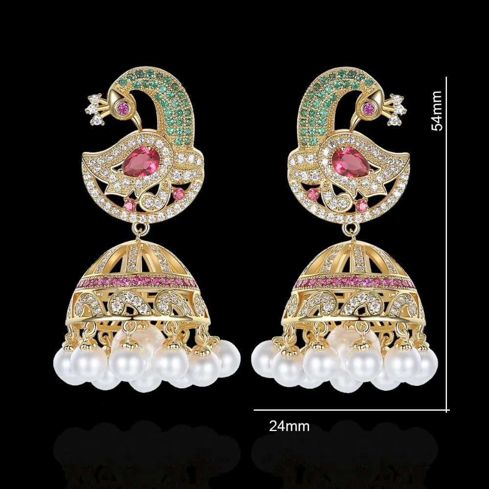 

GODKI 54mm Luxury Peacock Phoenix Imitation Pearl Full Mirco Pave Cubic Zirconia Fashion Jewelry Silver Earring