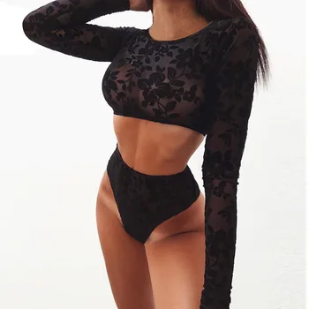 

BKLD See Through Lace 2 Piece Club Outfits Long Sleeve Crop Top Shorts Sexy Black Lace Two Piece Matching Set 2019 Summer Womens