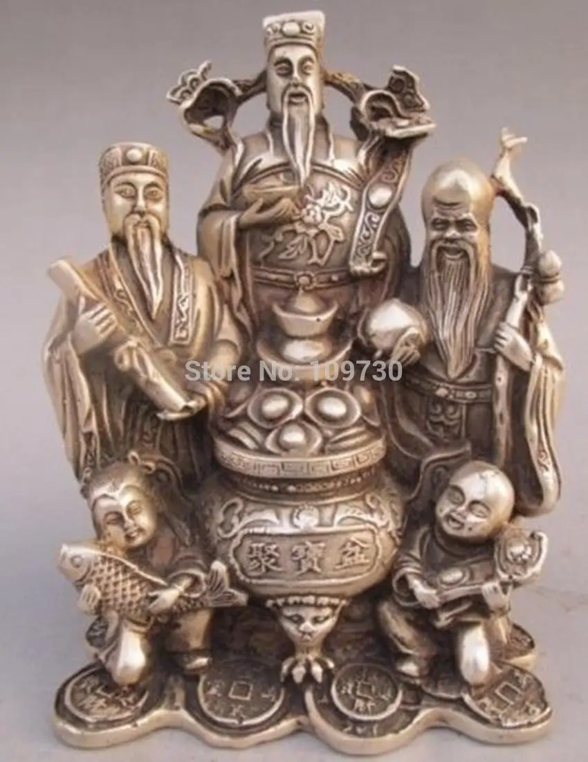 

002166 China Copper Silver RuYi Longevity Mammon God Fish Peach Treasure Basin Statue