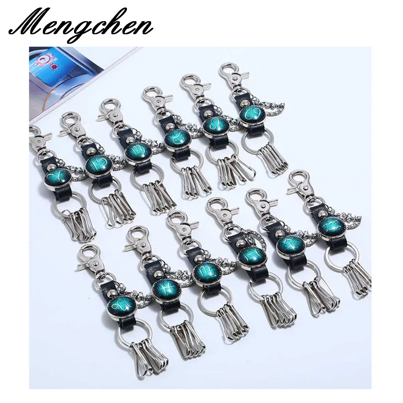 

New Zodiac Sign 12 Constellation Leather Keychain Leo Virgo Libra Scorpio Sagittarius Pendant Key Ring Holder Male Women Gifts