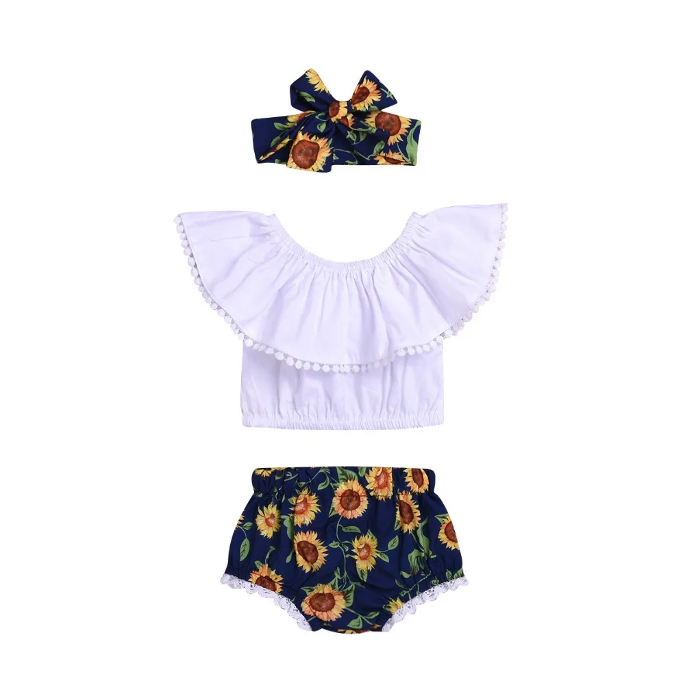 Комплекты одежды для новорожденных девочек топы с оборками и рукавами, милые летние шорты в подсолнухами, повязка на голову, комплект из 3 предметов