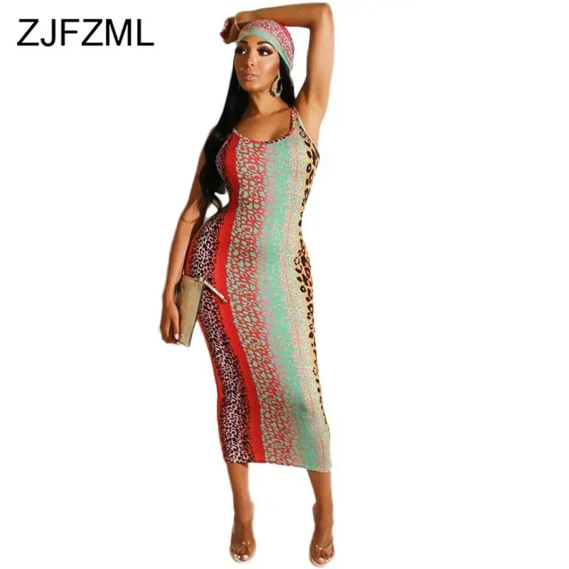 

Leopard Patchwork Backless Sexy Club Party Dress Women Spaghetti Strap Bodycon Dress with Scarf Summer Sleeveless Bandage Dress