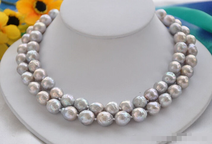 

Free shipping >>>>>z5874 2row 12mm gray almost round Edison PEARL NECKLACE mabe clasp a -Bride jewelry free s