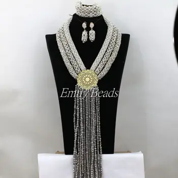 

Fashion Silver/Gray/White Big African Wedding Beads Jewelry Set Nigerian Crystal Costume Necklaces Bracelet Earrings Sets AIJ687