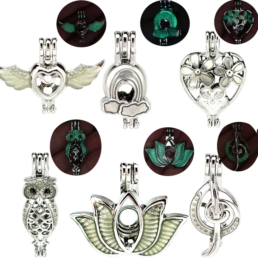 

6X Green Luminous Wings Lotus Heart Music Owl Beads Pearl Cage Perfume Diffuser Glow in Dark Locket Pendant