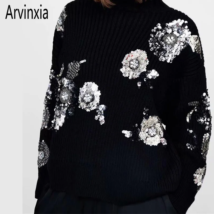 Женские свитера с круглым вырезом Arvinxia ZA однотонные цветочным узором и блестками