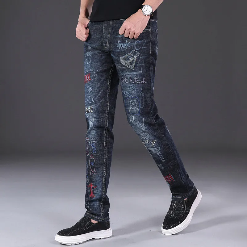 MORUANCLE Fashion Men Punk Style Embroidered Jeans Pants Hi Street Strench Denim Trousers With Embroidery Straight Fit