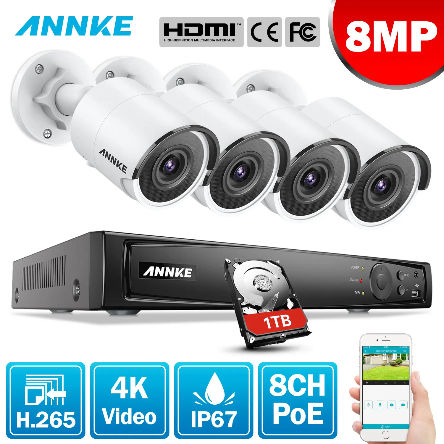 ANNKE 8CH 8MP Ultra HD PoE сетевая видео система безопасности 4K H.265 наблюдения NVR 4x8 Мп HD IP67 POE CCTV цилиндрические камеры