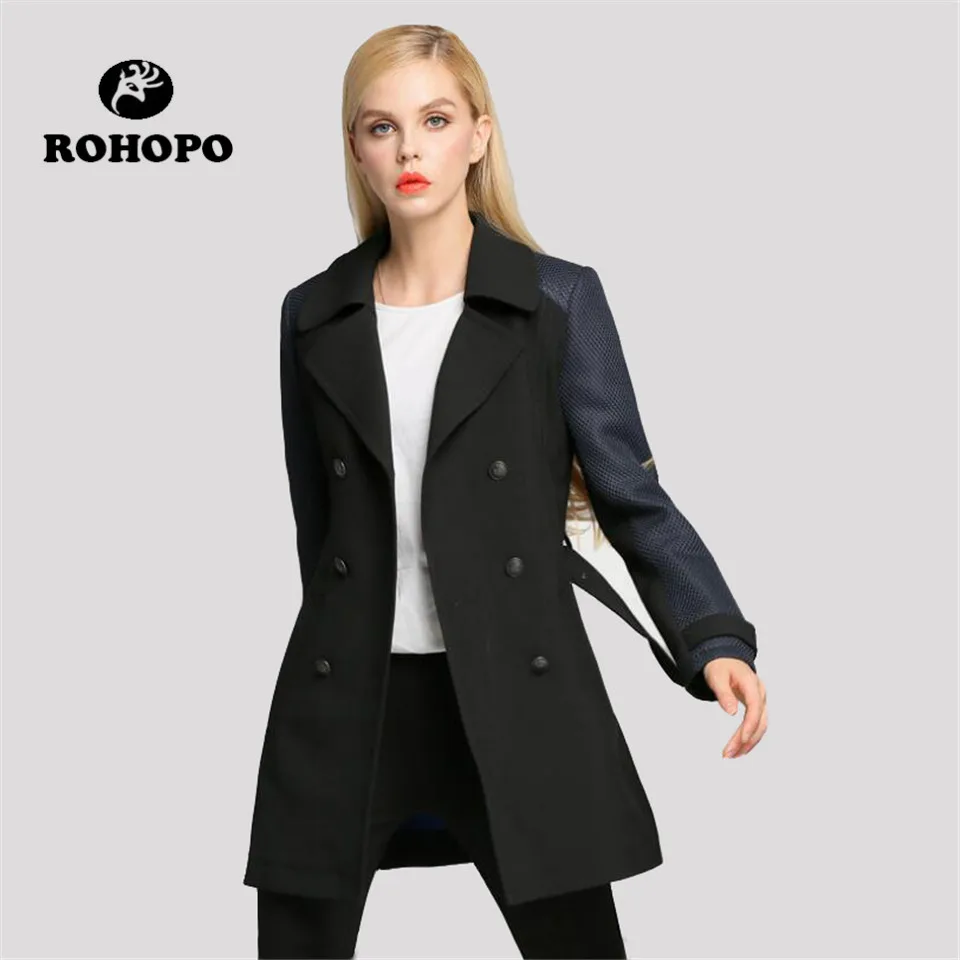 

ROHOPO TOP Quality Female Slim Blends Coat Double Breast Patchwork Sleeve Fashion Women coats Punk Casual Spring overcoat 2019