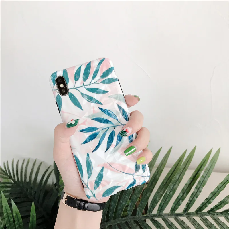 

Luxury Art Leaf Phone Case For iphone XS Max XR X Back Cover For iphone 6 6s 7 8 plus Diamond pattern Cases Glossy Soft IMD Capa