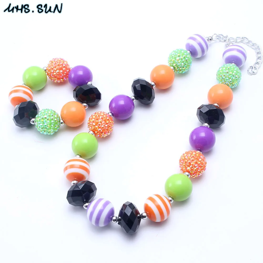 

MHS.SUN 2sets Halloween Style Kid Chunky Necklace Jewelry Set Fashion Girl Children Bubblegum Bead Chunky Necklace&Bracelet Set