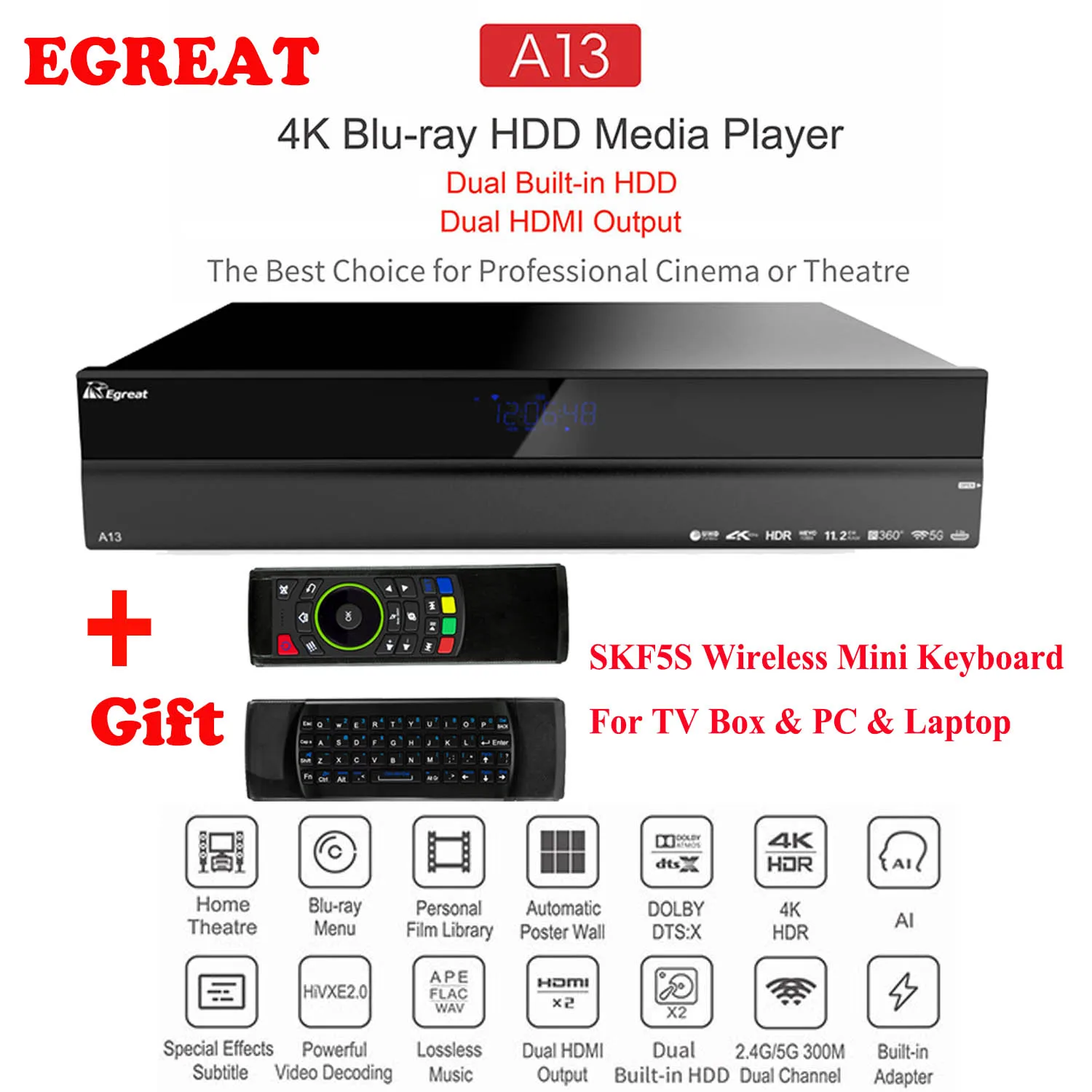 Высококлассный Egreat A13 4 K Ultra HD Smart медиаплеер Android tv Box BT4.0 2,4G/5G WiFi с 2x3,5 дюймов HDD лоток Dolby Atmos