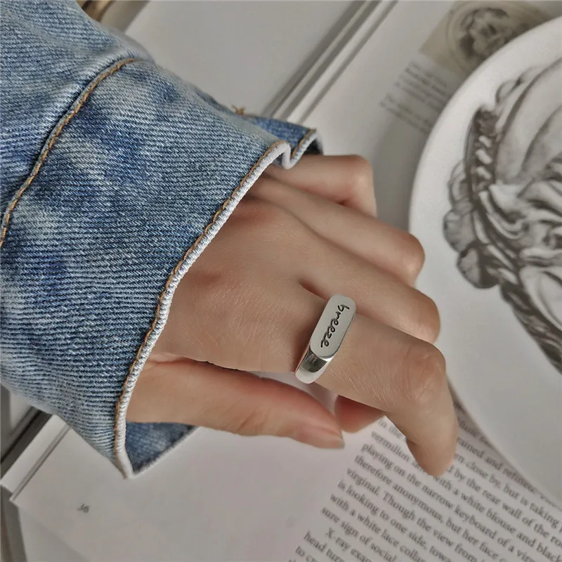 OLOEY, настоящее 925 пробы, серебряное, с буквами, Бриз, открытые кольца, Корея, квадратные, глянцевые, Трендовое, регулируемое кольцо для женщин, хорошее ювелирное изделие YMR873