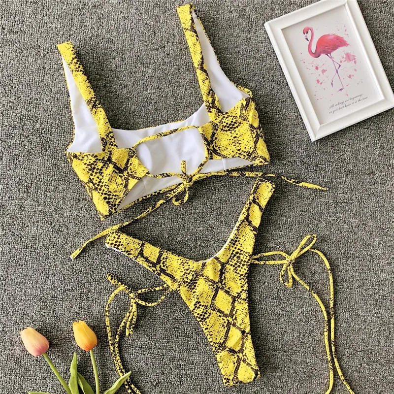 Bknin Yellow Snake Bikini 2019 Summer Neon High Leg Swimwear Leopard Print 2 Piece Thong Biquini Brazilian Tanga String Bandage