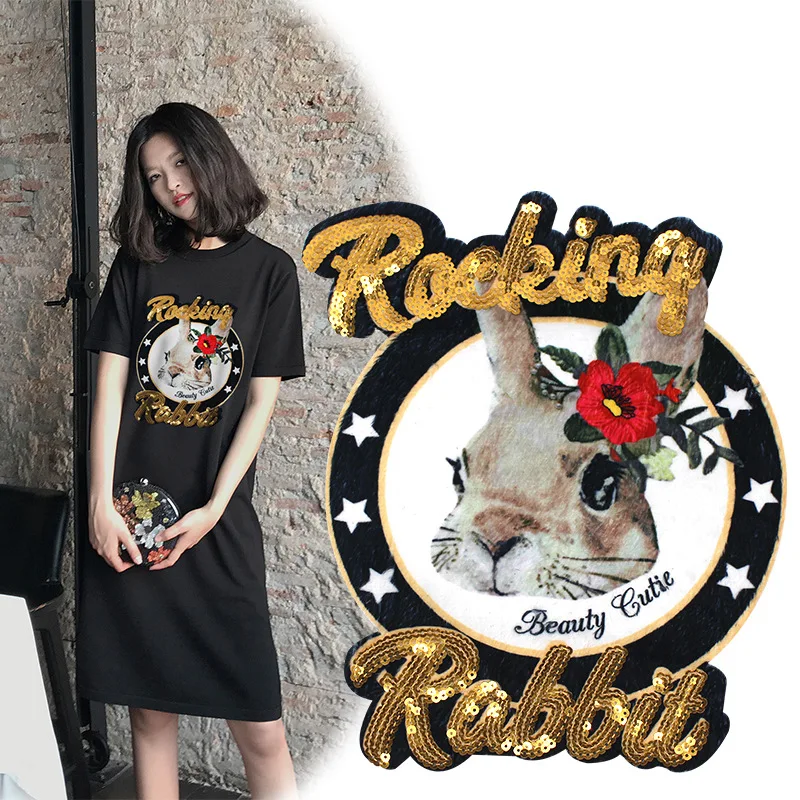 

GUGUTREE embroidery Sequins big rabbit patches animal cartoon patches badges applique patches for clothing XC-254