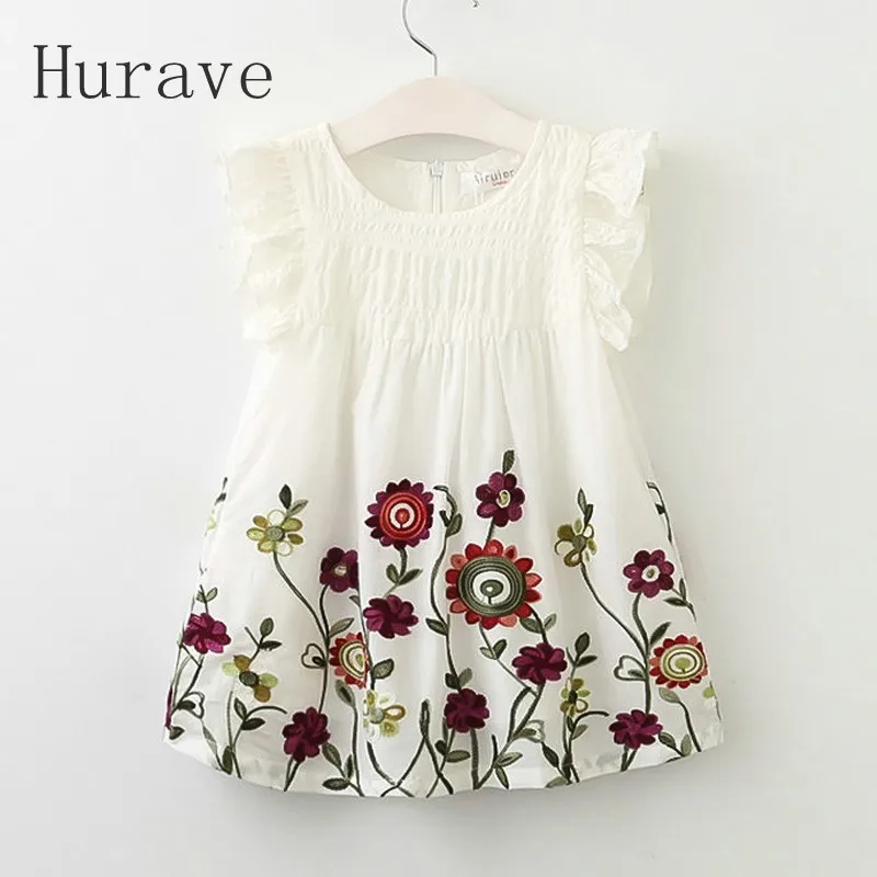 Hurave 2017 Fashion girls dress kids clothing for children fly sleeve summer kid embroidery dress flower