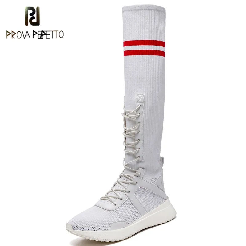 

Prova Perfetto 2018 Fashion Stretch Fabric Long Boots Large Size 33-42 Slip On Flat Casual Shoes Woman Spring Autumn Socks Boots
