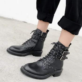 

PXELENA Punk Buckle Rivet Knight Boots Women Genuine Leather Low Heels Motorcycle Military Combat Ankle Boots Autumn Shoe