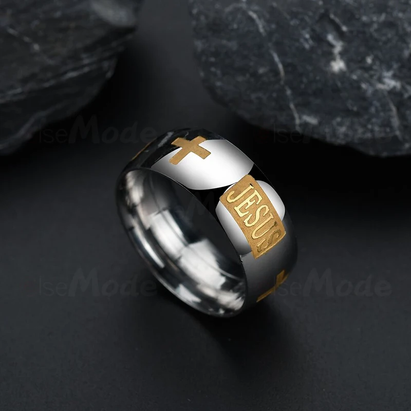 Кольцо ELSEMODE 8 мм из титановой стали с христианским Иисусом и надписью, Золотое кольцо для помолвки, обручальные кольца для мужчин и женщин